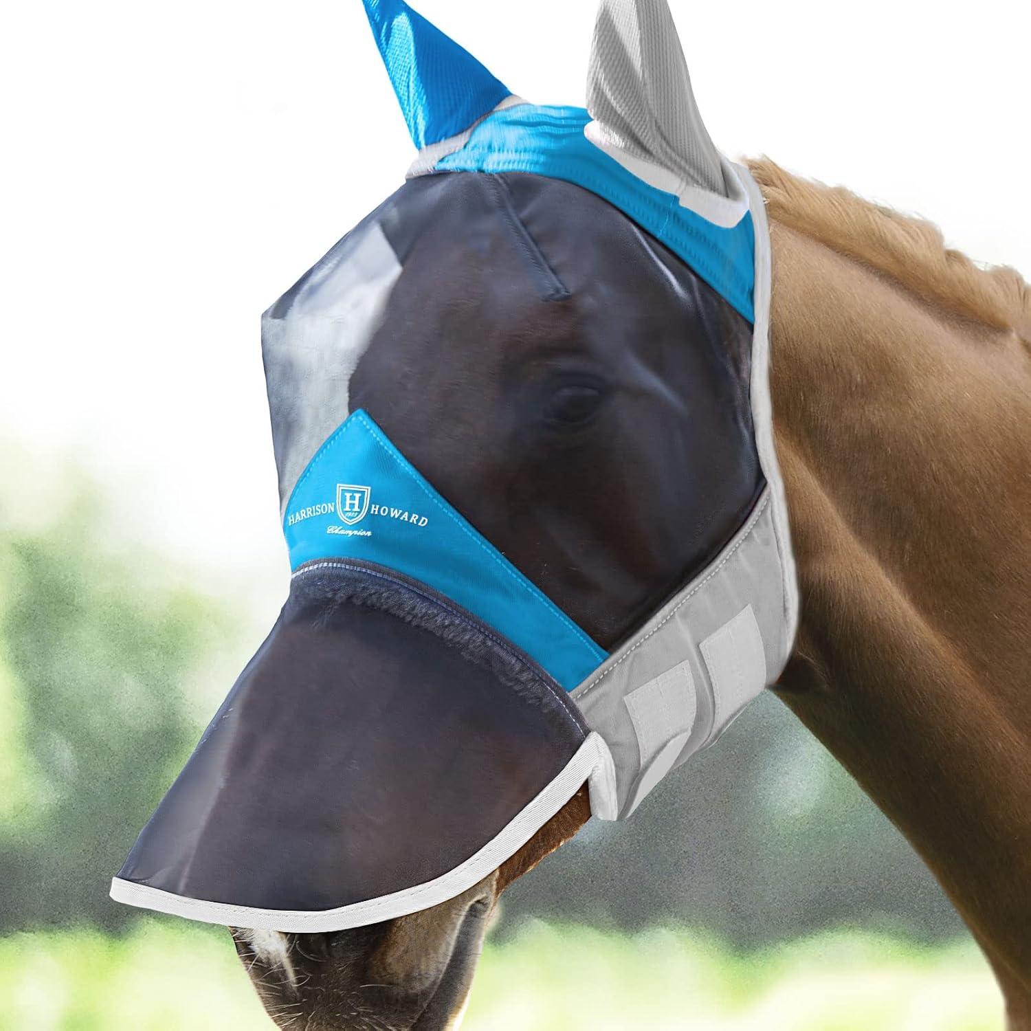 imageHarrison Howard CareMaster Pro Luminous Horse Fly Mask Large Eye Space Long Nose with Ears UV Protection for Horse Sky Blue L Full SizeAzure BlueSilver