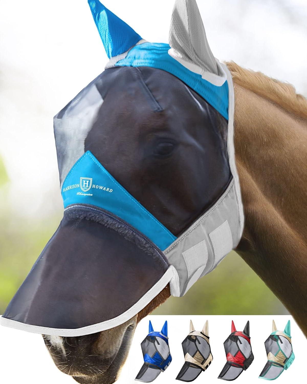 imageHarrison Howard CareMaster Pro Luminous Horse Fly Mask Large Eye Space Long Nose with Ears UV Protection for Horse Sky Blue L Full SizeAzure BlueSilver
