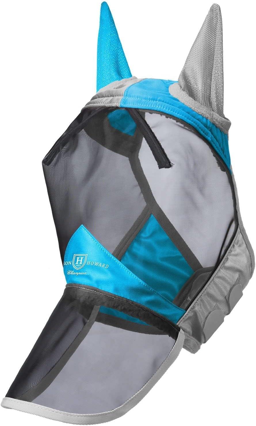 imageHarrison Howard CareMaster Pro Luminous Horse Fly Mask Large Eye Space Long Nose with Ears UV Protection for Horse Sky Blue L Full SizeAzure BlueSilver