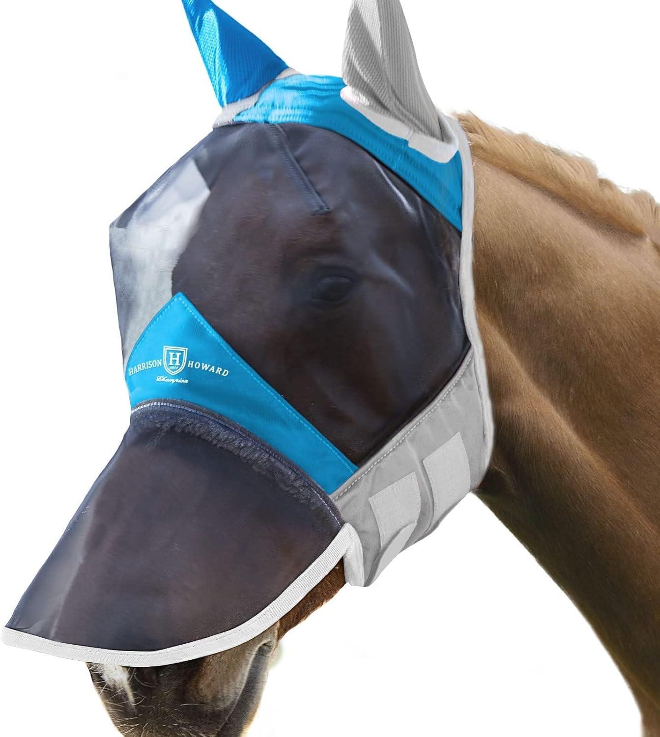 imageHarrison Howard CareMaster Pro Luminous Horse Fly Mask Large Eye Space Long Nose with Ears UV Protection for Horse Sky Blue L Full SizeAzure BlueSilver