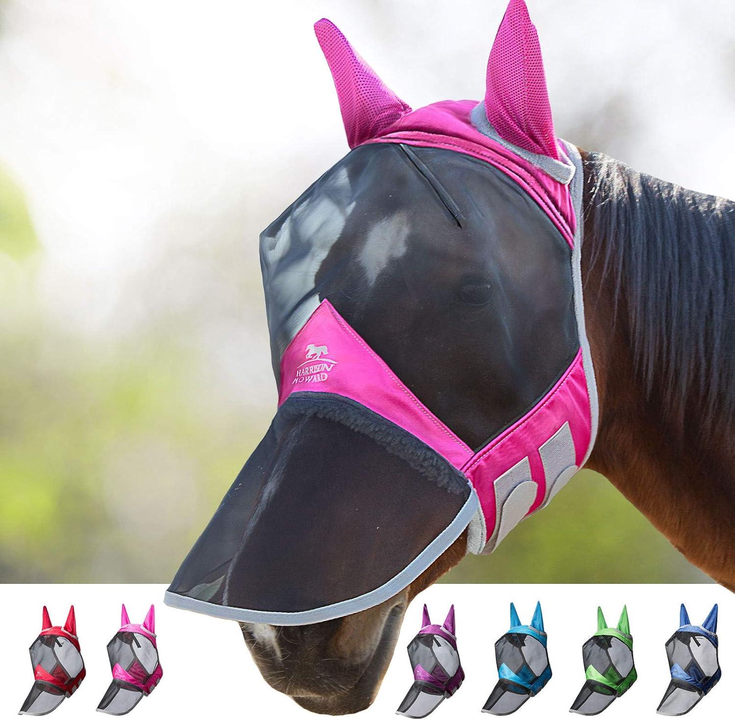 imageHarrison Howard CareMaster Pro Luminous Horse Fly Mask Large Eye Space Long Nose with Ears UV Protection for Horse Sky Blue L Full SizeFlamingo
