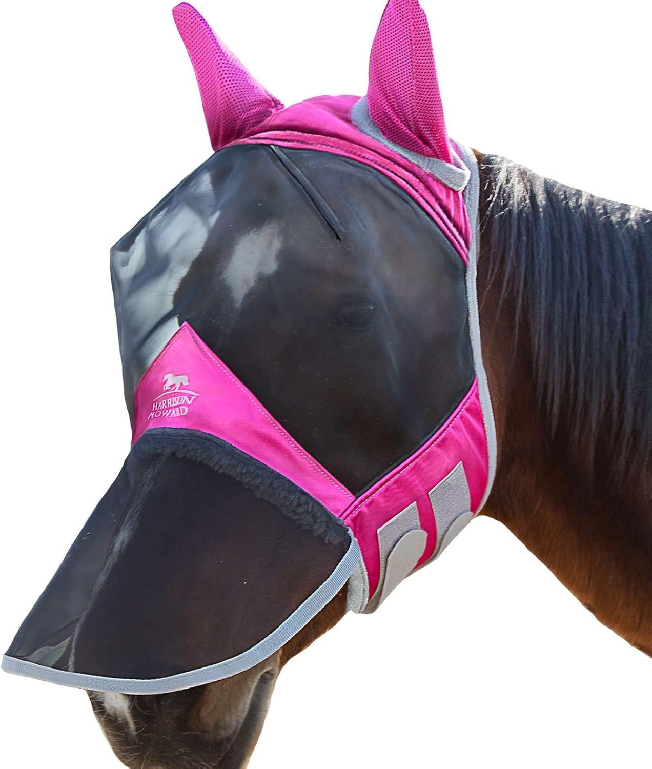 imageHarrison Howard CareMaster Pro Luminous Horse Fly Mask Large Eye Space Long Nose with Ears UV Protection for Horse Sky Blue L Full SizeFlamingo