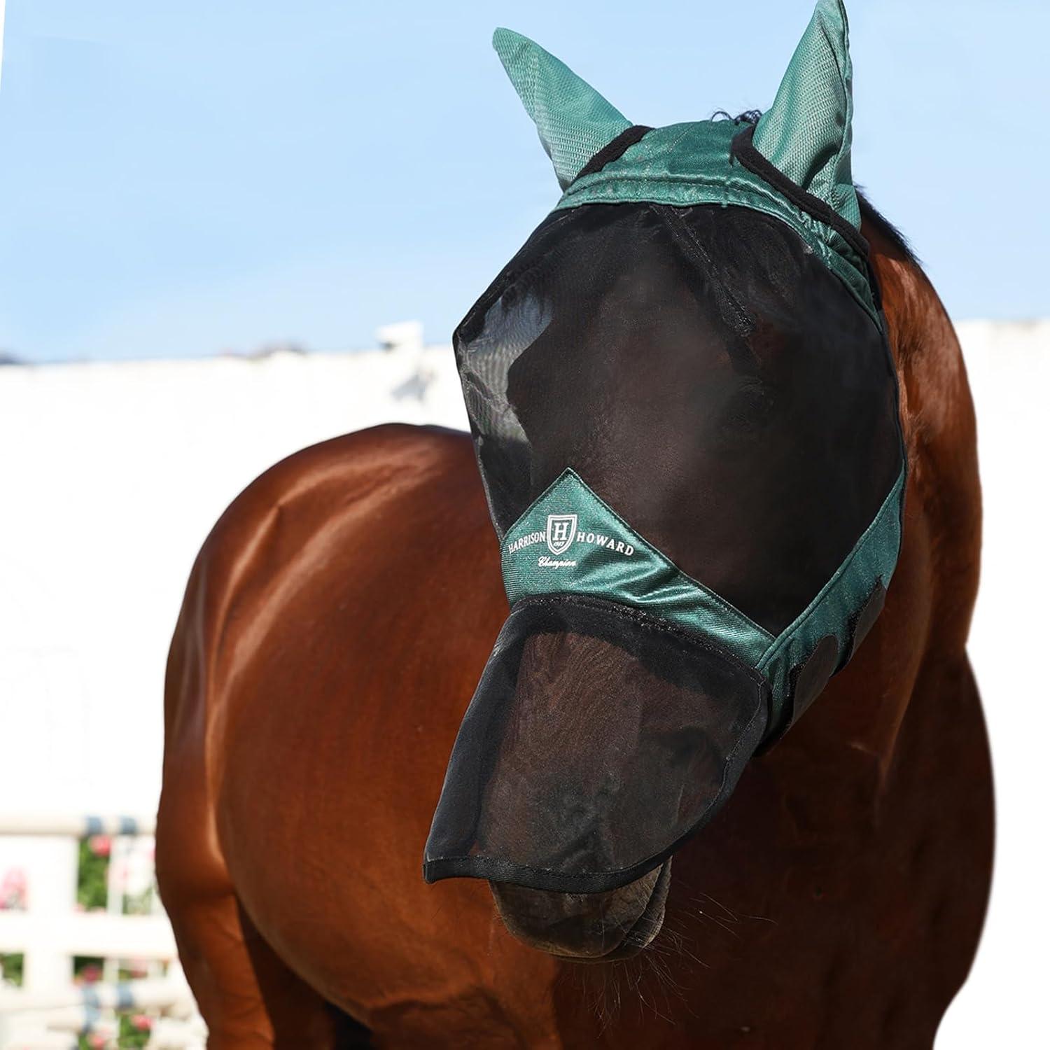 imageHarrison Howard Pro Luminous Horse Full Face Fly Mask Large Eye Space Long Nose with Ears UV Protection for Horse Coral Orange MHunter Green