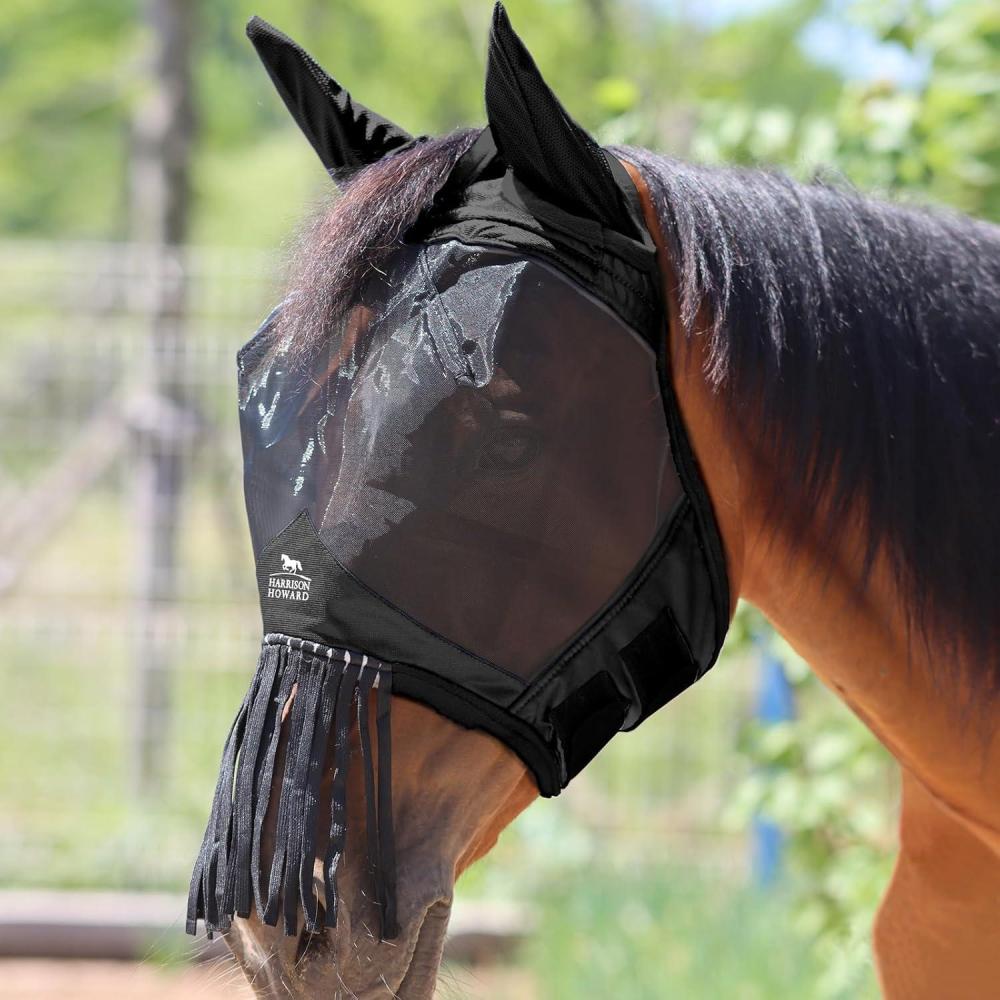 imageHarrison Howard CareMaster Horse Fly Mask with Ears and Nose Fringe Fly Protector Defender Mask Piano Black Full SizePiano Black