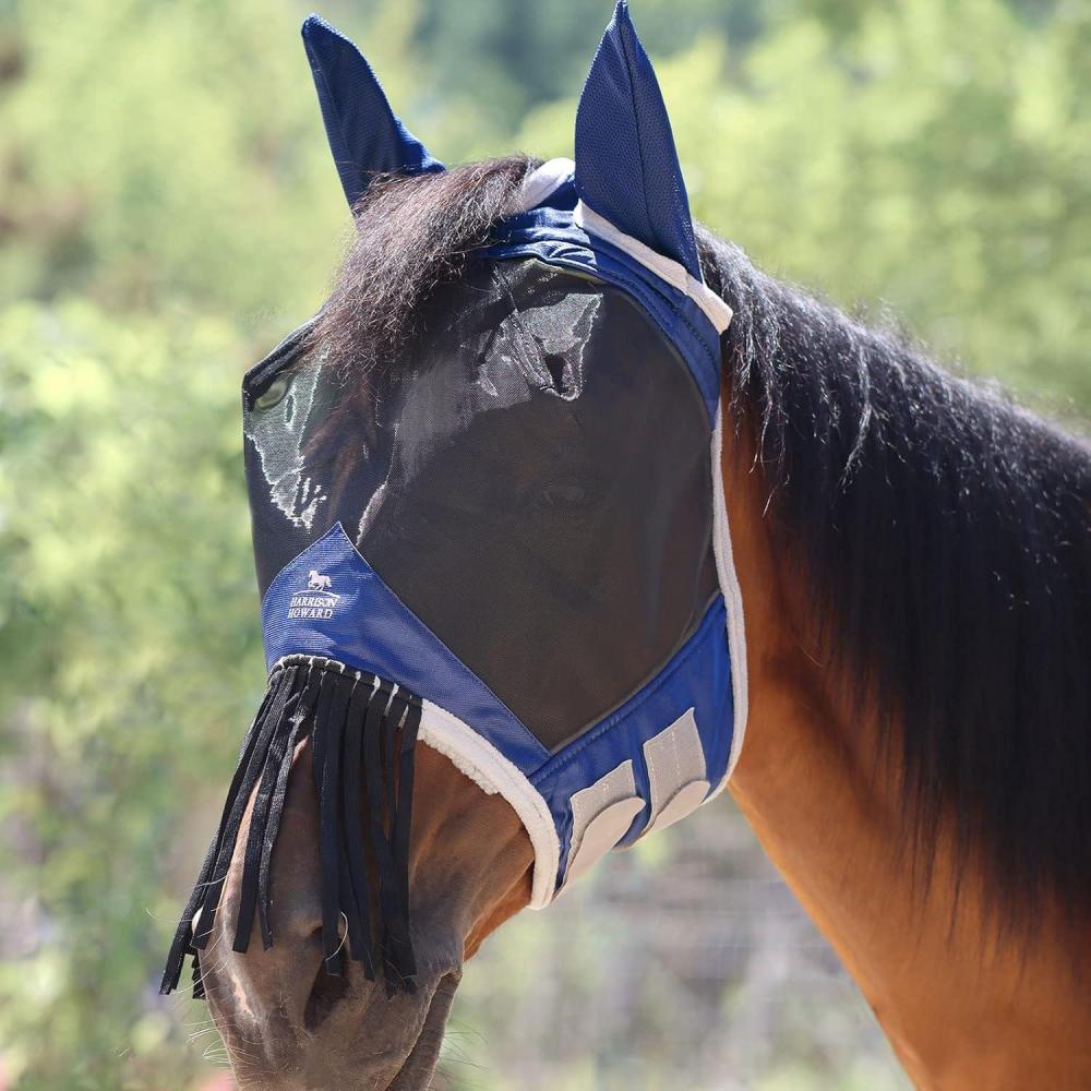 imageHarrison Howard CareMaster Horse Fly Mask with Ears and Nose Fringe Fly Protector Defender Mask Piano Black Full SizeSignature Blue