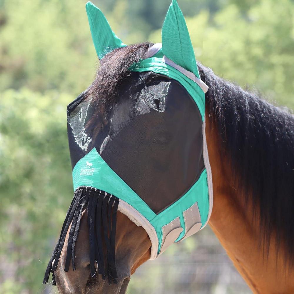 imageHarrison Howard CareMaster Horse Fly Mask with Ears and Nose Fringe Fly Protector Defender Mask Piano Black Full SizeSummer Mint