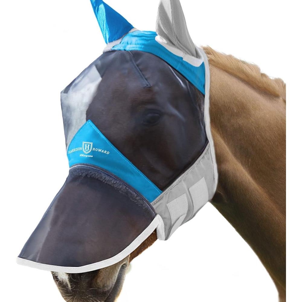 imageHarrison Howard CareMaster Pro Luminous Horse Fly Mask Large Eye Space Long Nose with Ears UV Protection for Horse Sky Blue L Full SizeAzure BlueSilver