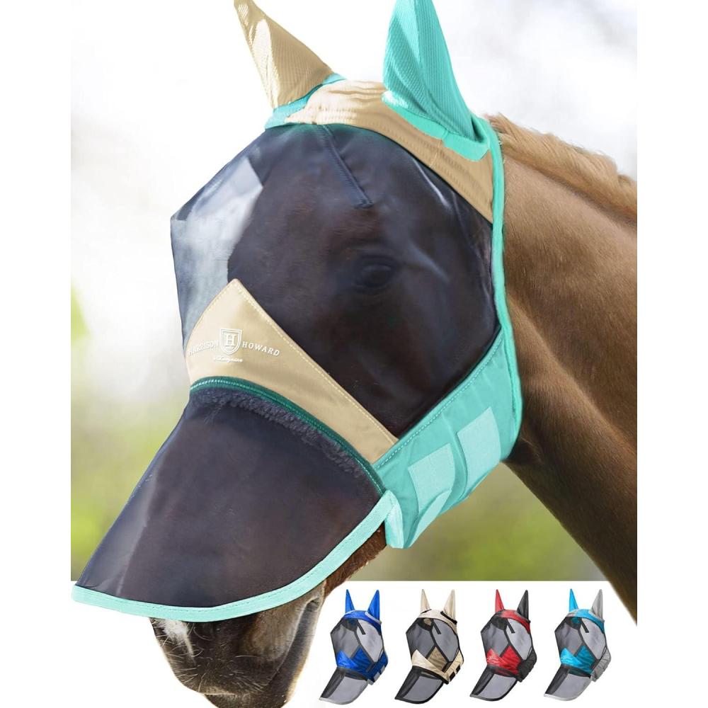 imageHarrison Howard CareMaster Pro Luminous Horse Fly Mask Large Eye Space Long Nose with Ears UV Protection for Horse Sky Blue L Full SizeChampagne GoldMint
