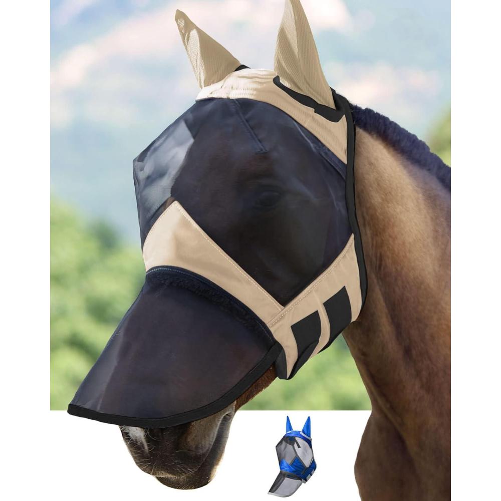 imageHarrison Howard CareMaster Pro Luminous Horse Fly Mask Large Eye Space Long Nose with Ears UV Protection for Horse Sky Blue L Full SizeLight Champagne