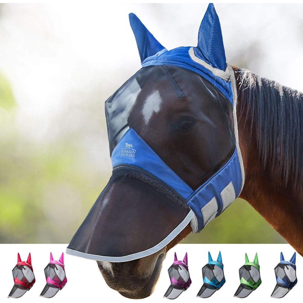 imageHarrison Howard CareMaster Pro Luminous Horse Fly Mask Large Eye Space Long Nose with Ears UV Protection for Horse Sky Blue L Full SizeRoyal Blue