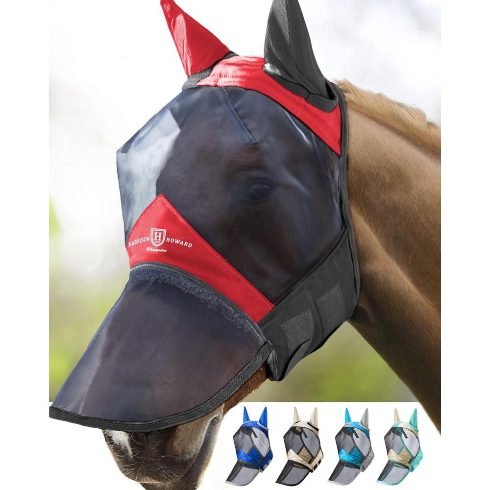 imageHarrison Howard CareMaster Pro Luminous Horse Fly Mask Large Eye Space Long Nose with Ears UV Protection for Horse Sky Blue L Full SizeScarlet RedBlack