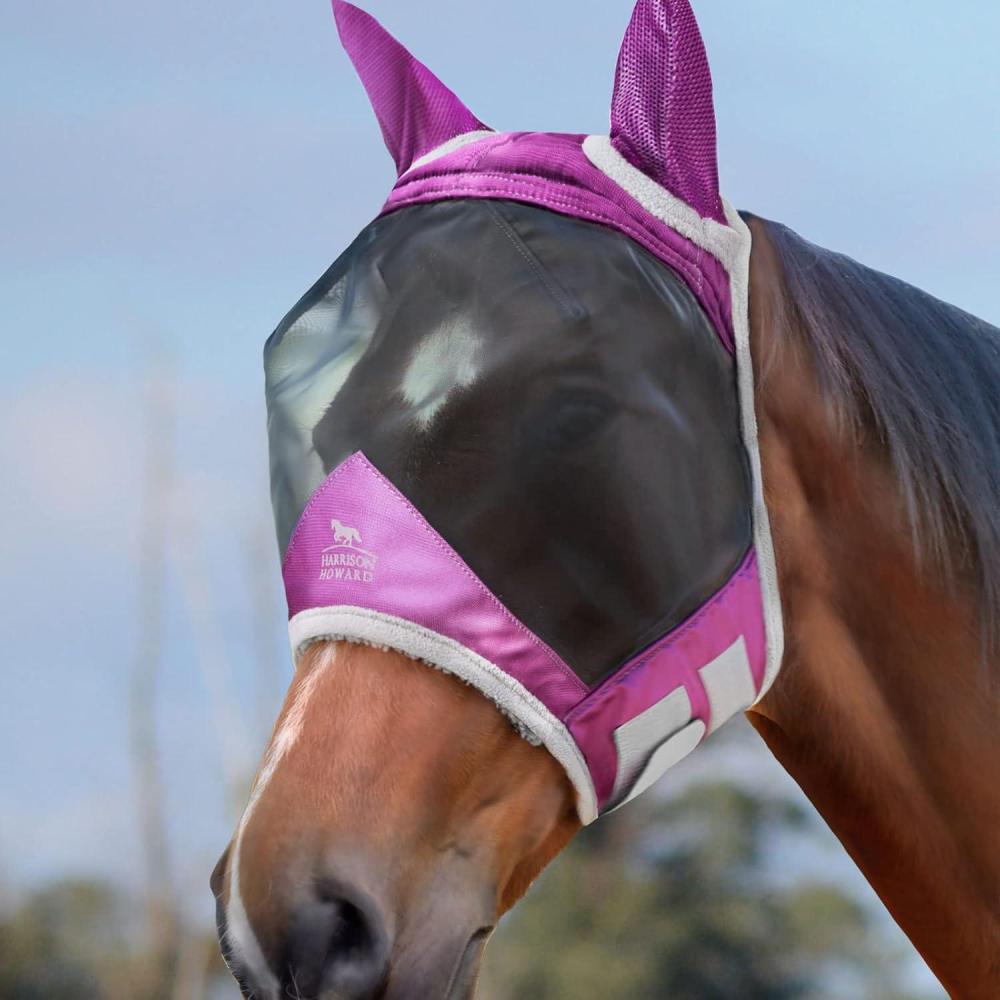 imageHarrison Howard CareMaster Pro Luminous Horse Fly Mask Standard with Ears UV Protection for Horse Flamingo XL Extra FullDark Magenta
