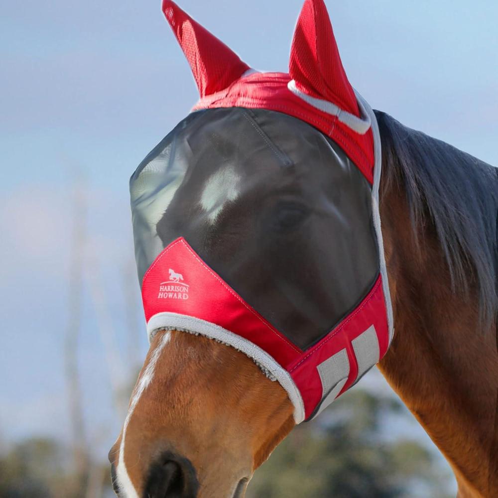 imageHarrison Howard CareMaster Pro Luminous Horse Fly Mask Standard with Ears UV Protection for Horse Flamingo XL Extra FullRed