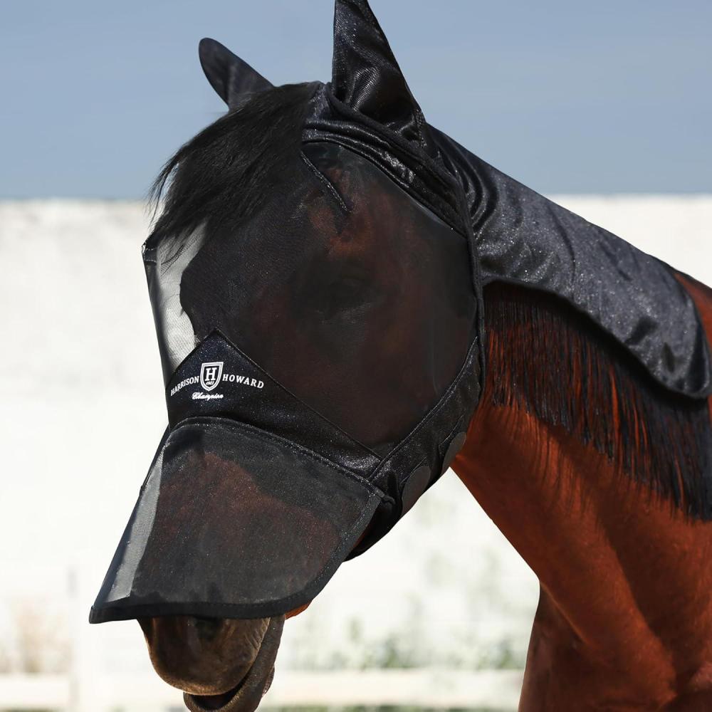 imageHarrison Howard Pro Fly Mask with Extended Neck Cover Large Eye Space Full Face UVProof Mane Styling for Horse Summer Mint MBlack