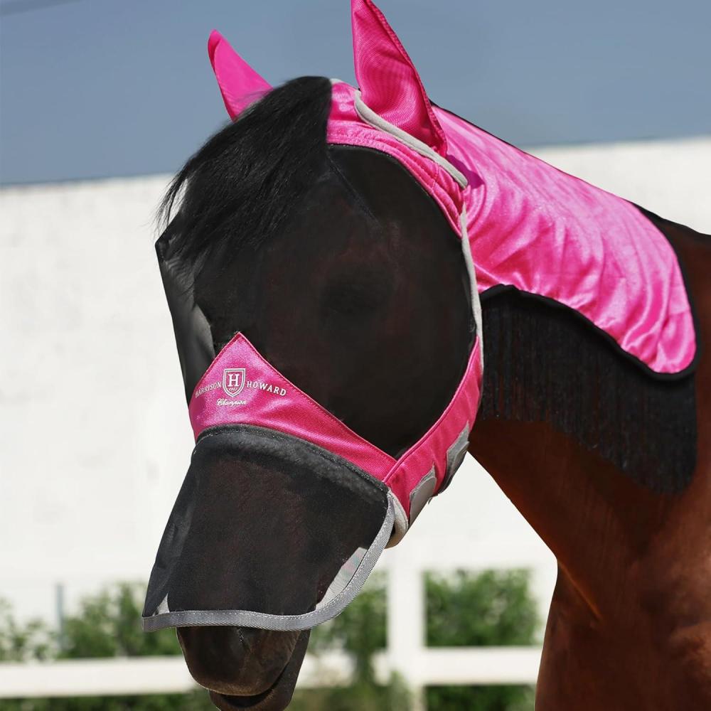 imageHarrison Howard Pro Fly Mask with Extended Neck Cover Large Eye Space Full Face UVProof Mane Styling for Horse Summer Mint MMagenta