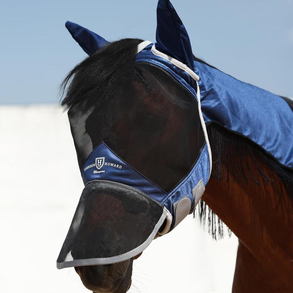 imageHarrison Howard Pro Fly Mask with Extended Neck Cover Large Eye Space Full Face UVProof Mane Styling for Horse Summer Mint MNavy