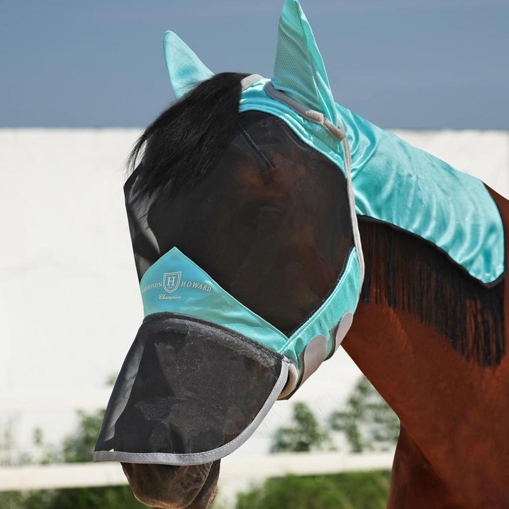 imageHarrison Howard Pro Fly Mask with Extended Neck Cover Large Eye Space Full Face UVProof Mane Styling for Horse Summer Mint MSummer Mint