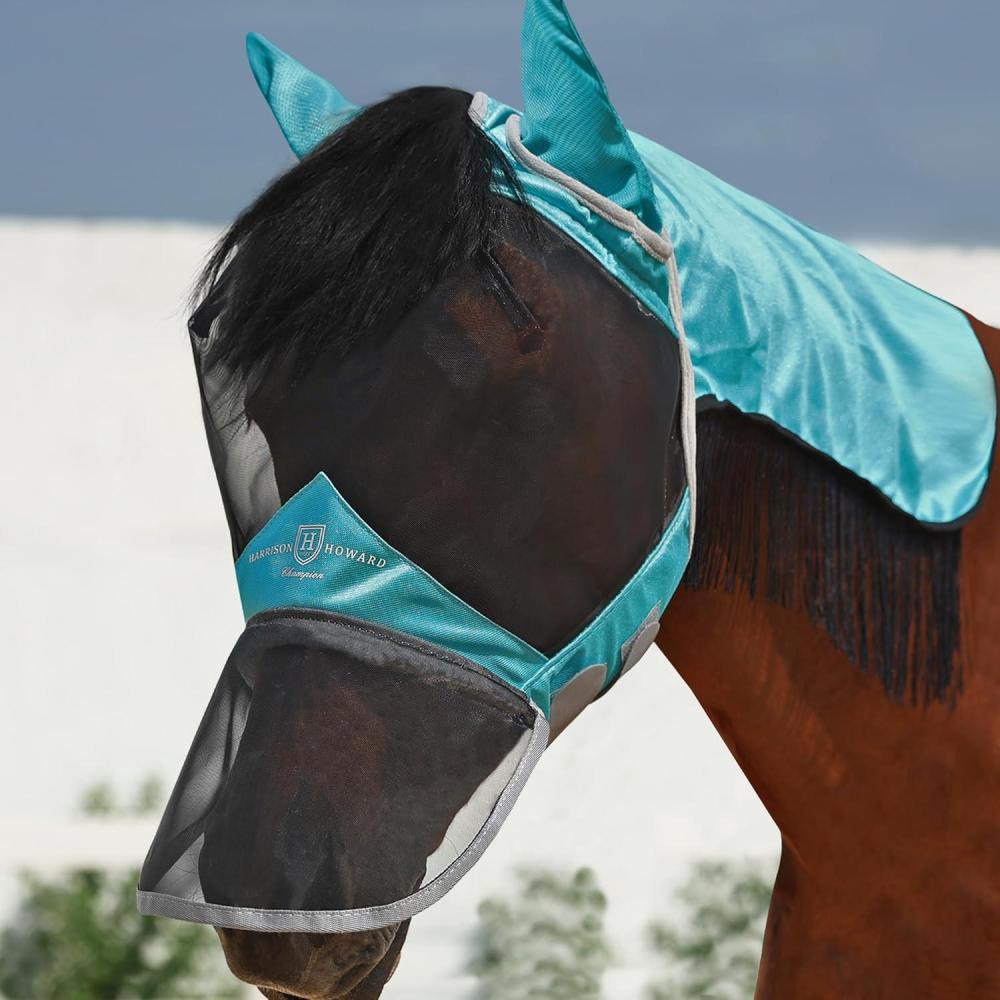 imageHarrison Howard Pro Fly Mask with Extended Neck Cover Large Eye Space Full Face UVProof Mane Styling for Horse Summer Mint MTeal