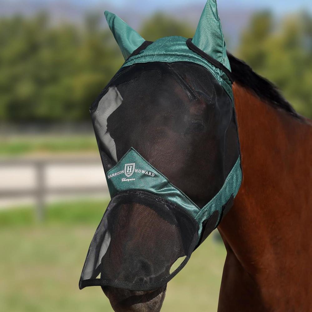 imageHarrison Howard Pro Luminous Horse Full Face Fly Mask Large Eye Space Long Nose with Ears UV Protection for Horse Coral Orange MHunter Green