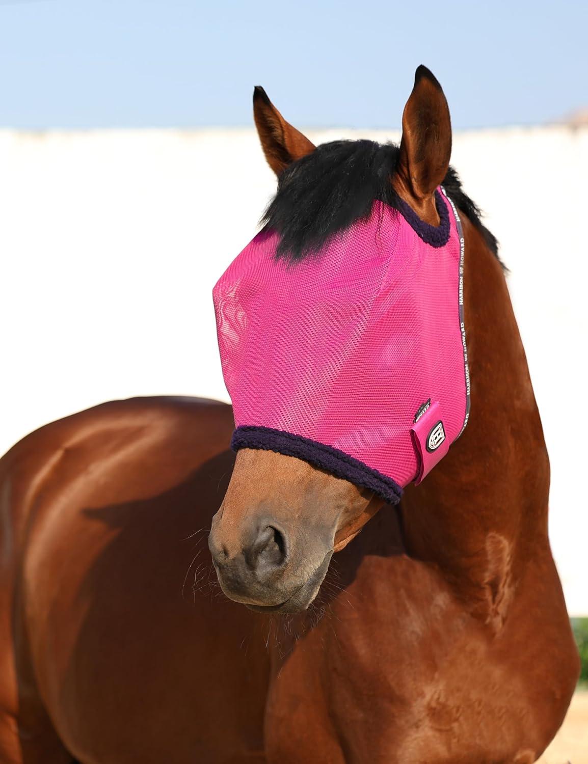 imageHarrison Howard All Round Mesh Horse Fly Mask UV Protective with Fleece Padded Edging Vibrant Orange LMagenta