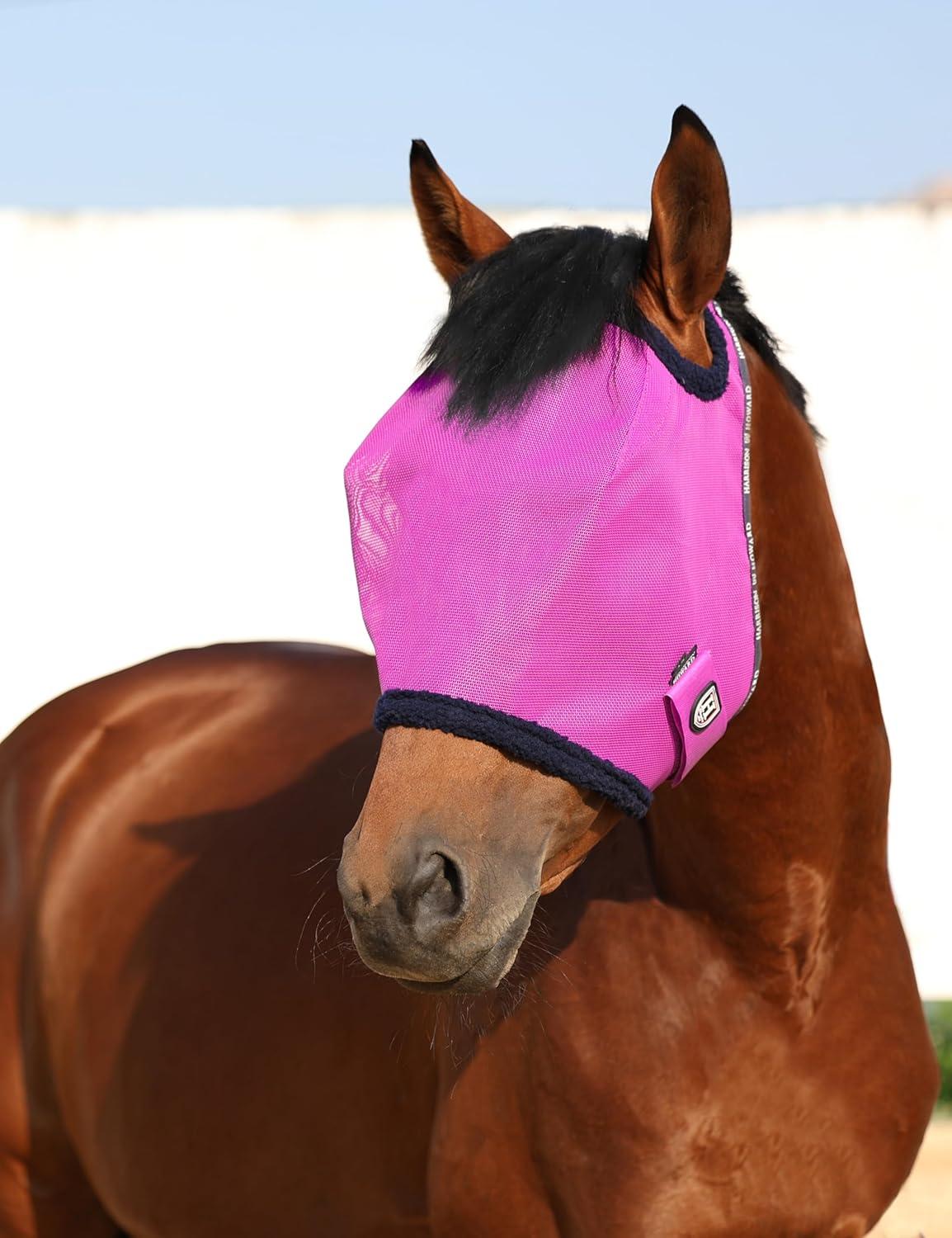 imageHarrison Howard All Round Mesh Horse Fly Mask UV Protective with Fleece Padded Edging Vibrant Orange LPurple
