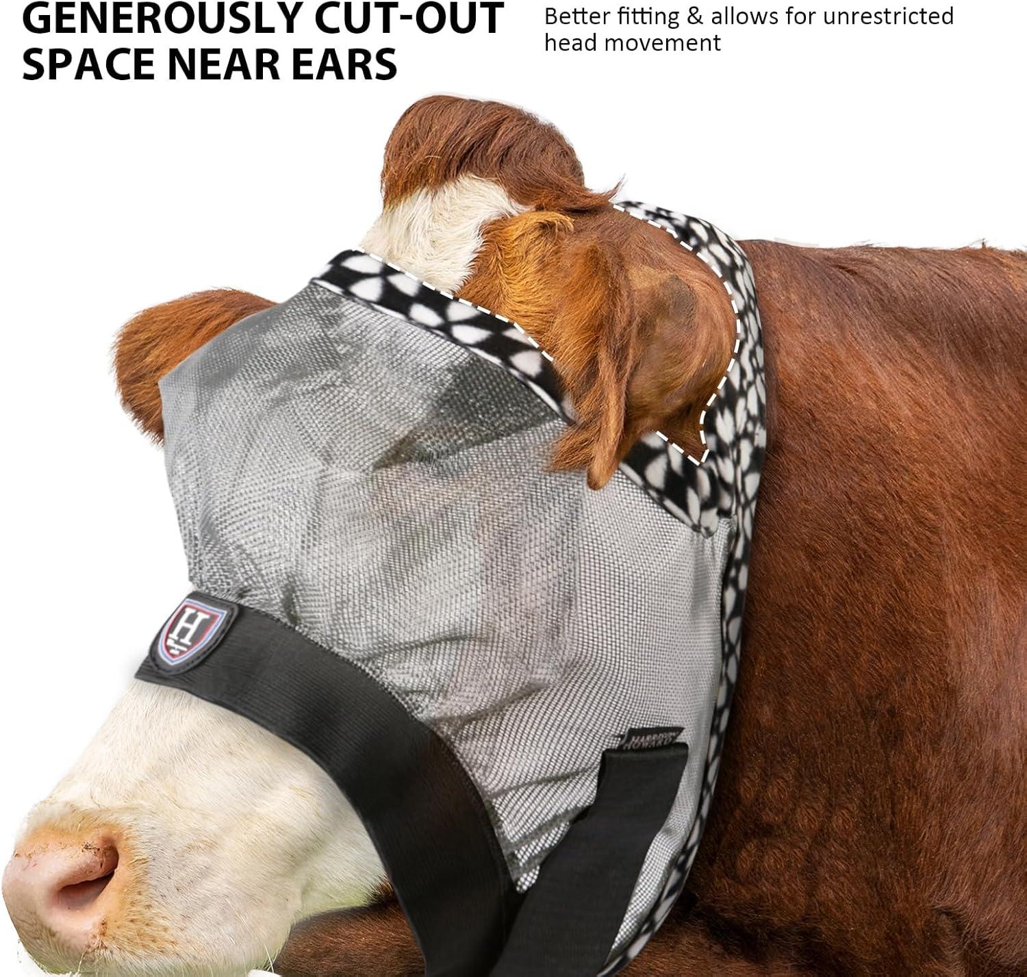 imageHarrison Howard Cattle Livestock Fly Mask Breathable Mesh Padded Edging with Fun Patterns Large Spacing Forelock Opening Design Adjustable Fit for Cattle BlackLight Grey