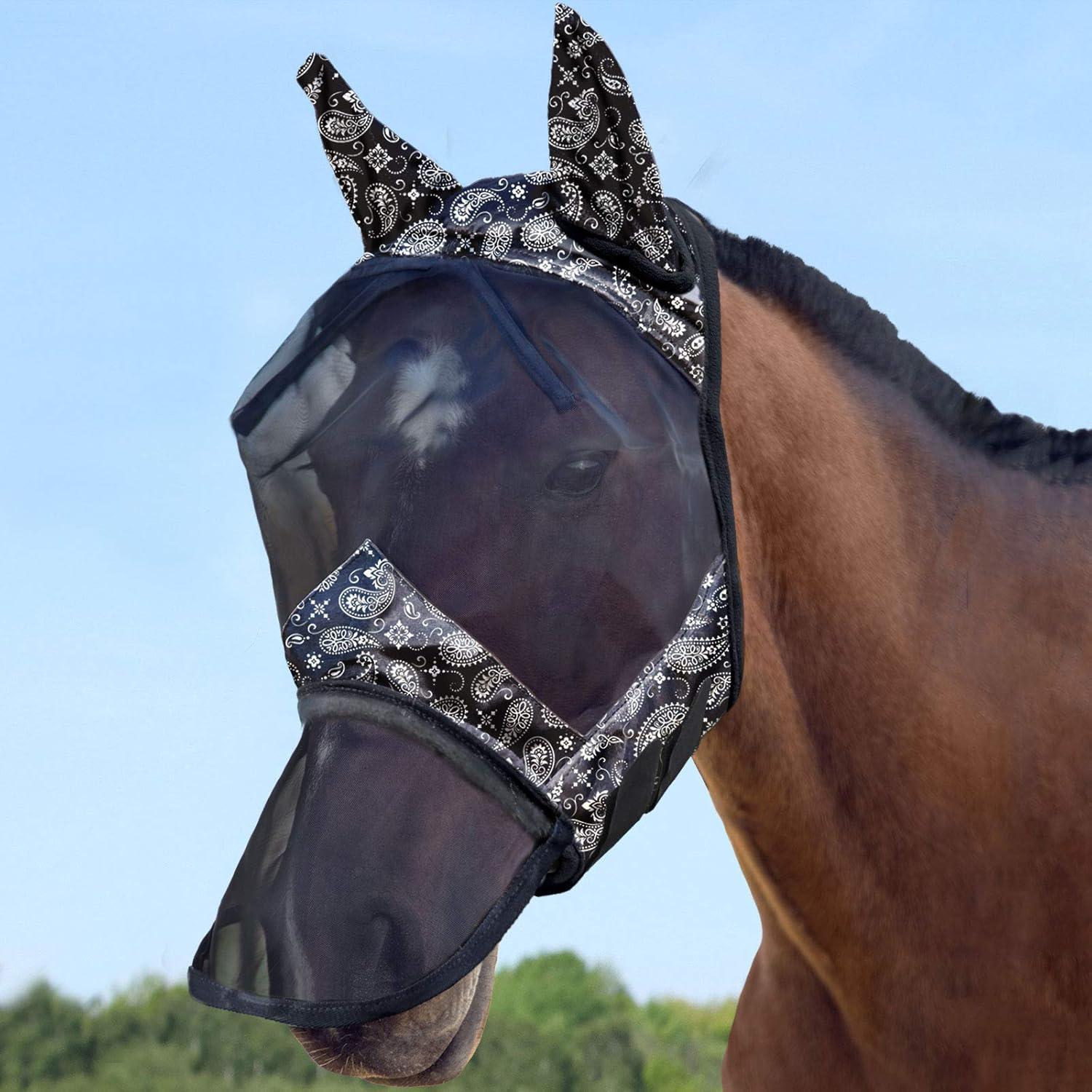 imageHarrison Howard LumiVista Horse Fly Mask Long Nose with Ears UV Protection for Horse Dream Star L Full SizePaisley Wave