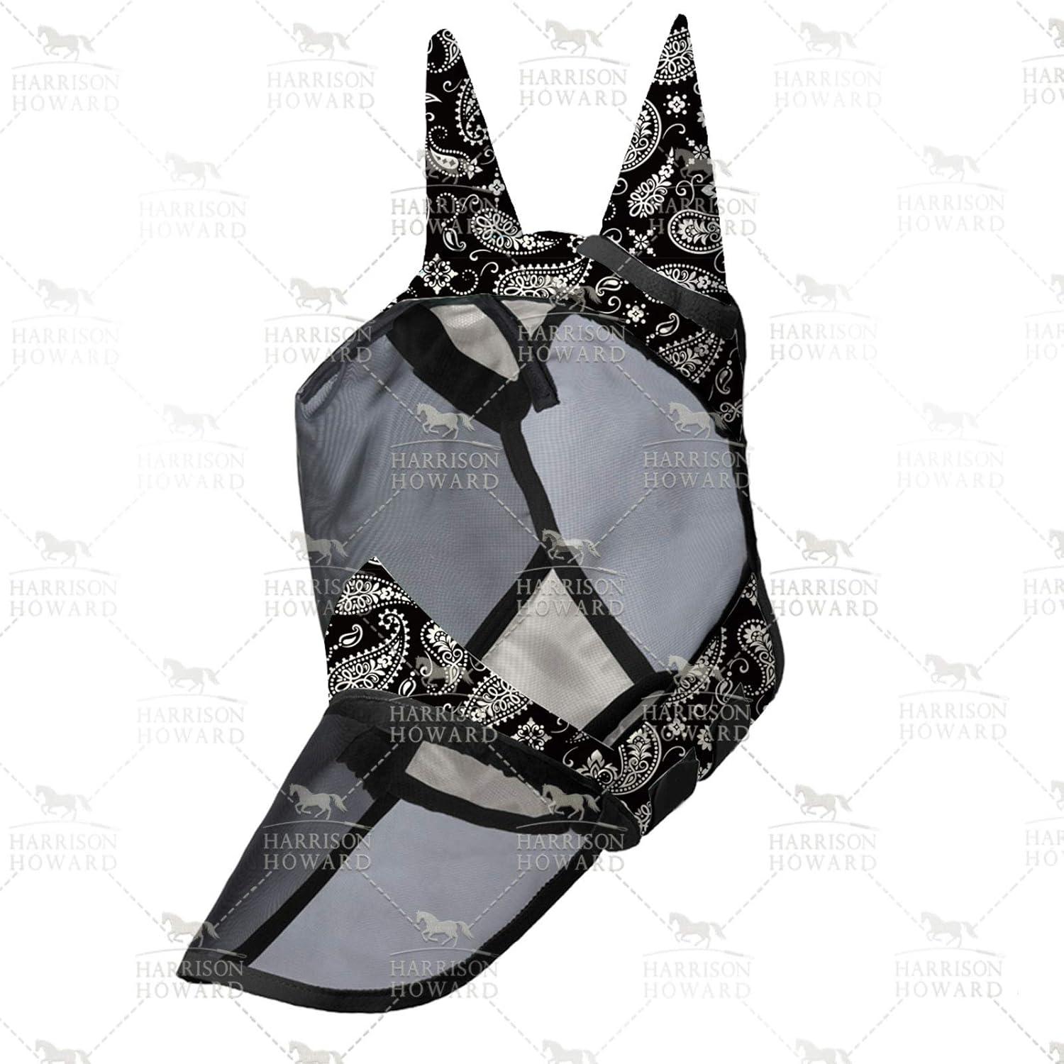 imageHarrison Howard LumiVista Horse Fly Mask Long Nose with Ears UV Protection for Horse Dream Star L Full SizePaisley Wave