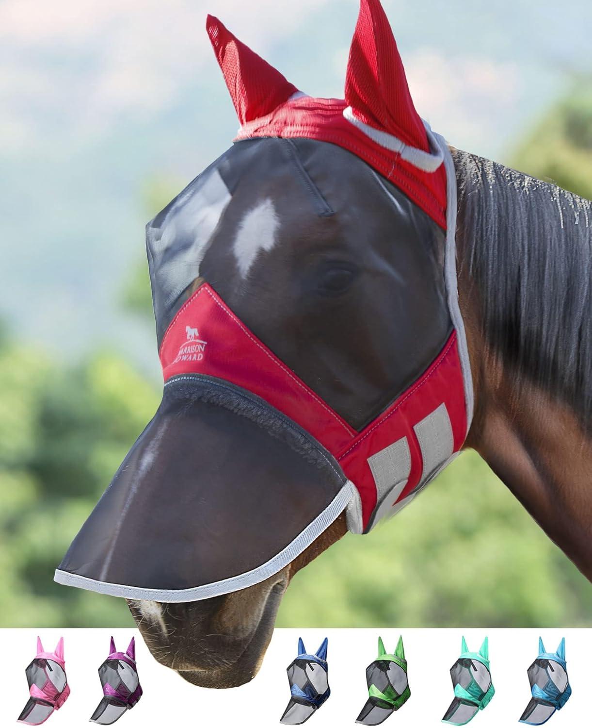 imageHarrison Howard Pro Luminous Horse Fly Mask Long Nose with Ears UV Protection for Horse Azure BlueSilver LRed