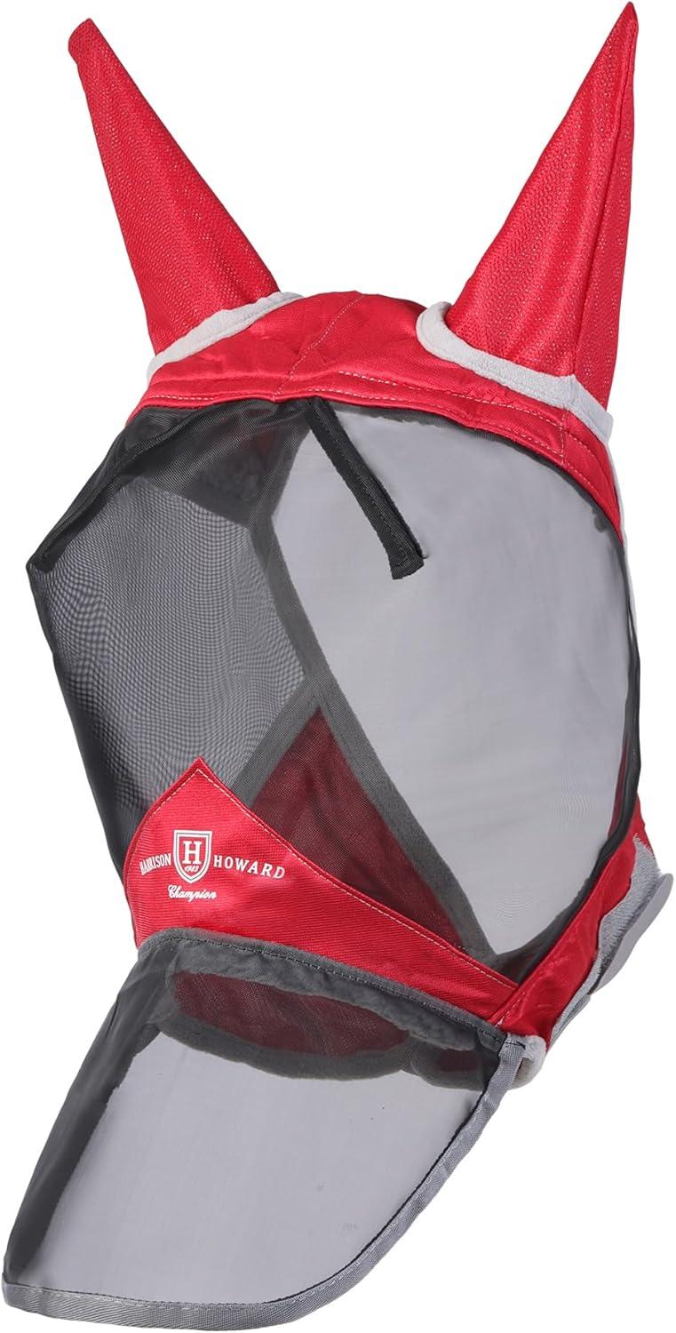 imageHarrison Howard Pro Luminous Horse Fly Mask Long Nose with Ears UV Protection for Horse Azure BlueSilver LRed