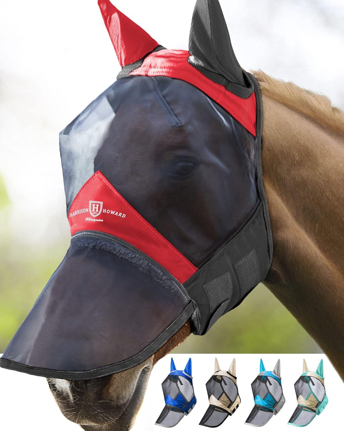 imageHarrison Howard Pro Luminous Horse Fly Mask Long Nose with Ears UV Protection for Horse Azure BlueSilver LScarlet RedBlack