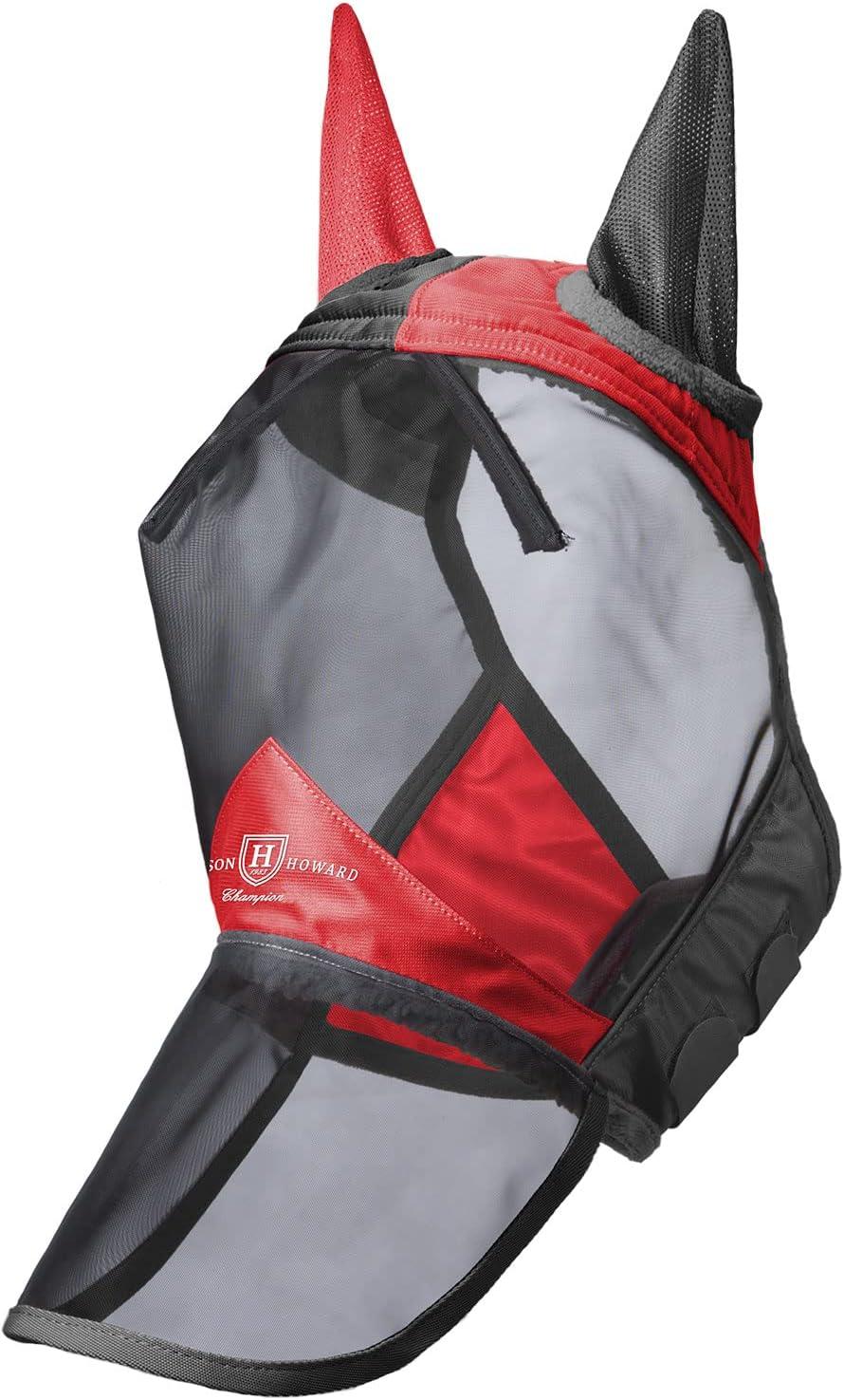 imageHarrison Howard Pro Luminous Horse Fly Mask Long Nose with Ears UV Protection for Horse Azure BlueSilver LScarlet RedBlack