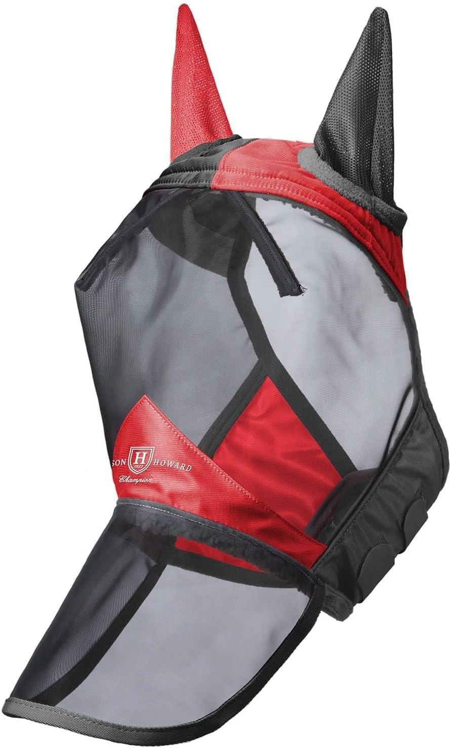 imageHarrison Howard Pro Luminous Horse Fly Mask Long Nose with Ears UV Protection for Horse Azure BlueSilver LScarlet RedBlack