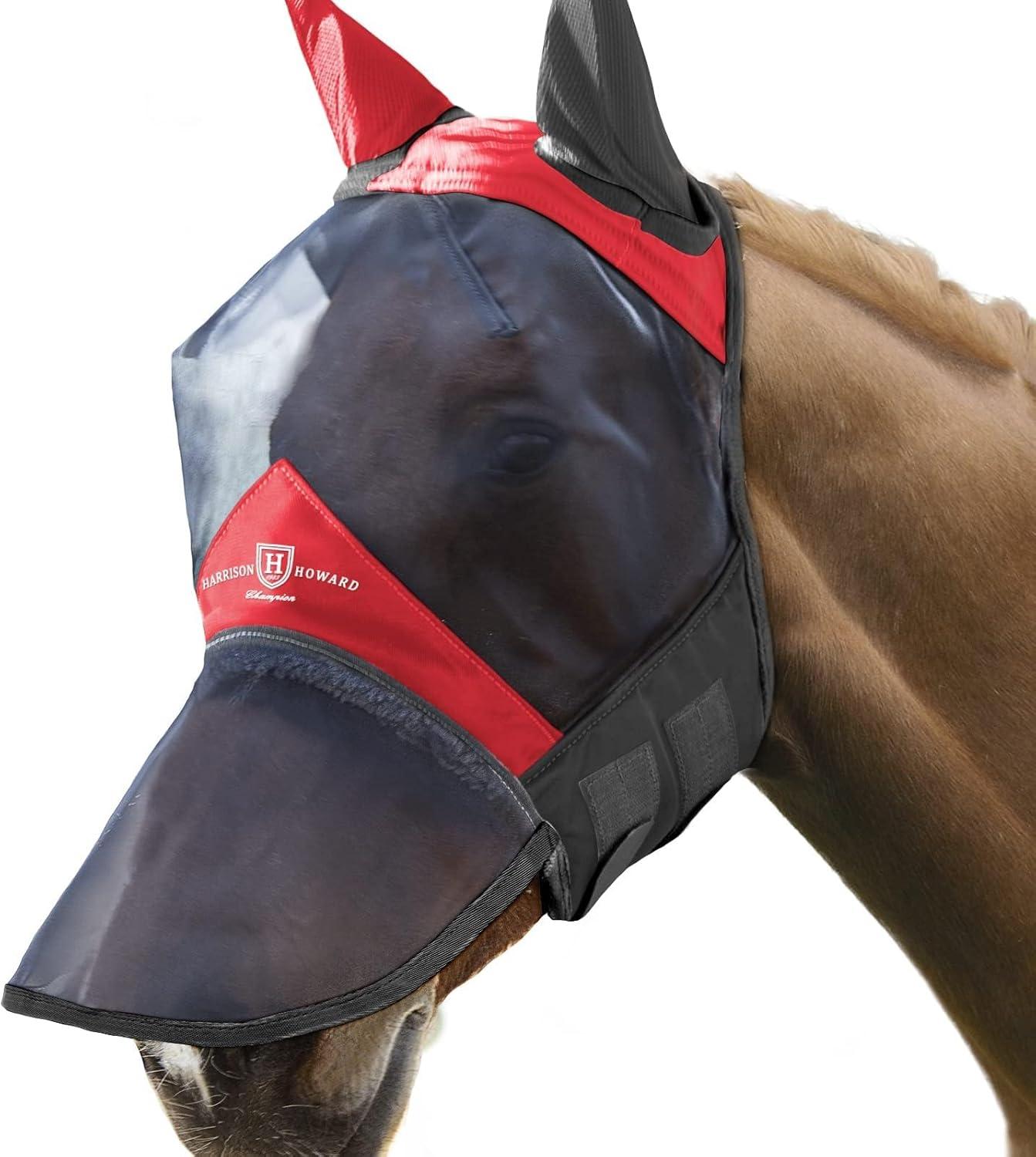 imageHarrison Howard Pro Luminous Horse Fly Mask Long Nose with Ears UV Protection for Horse Azure BlueSilver LScarlet RedBlack