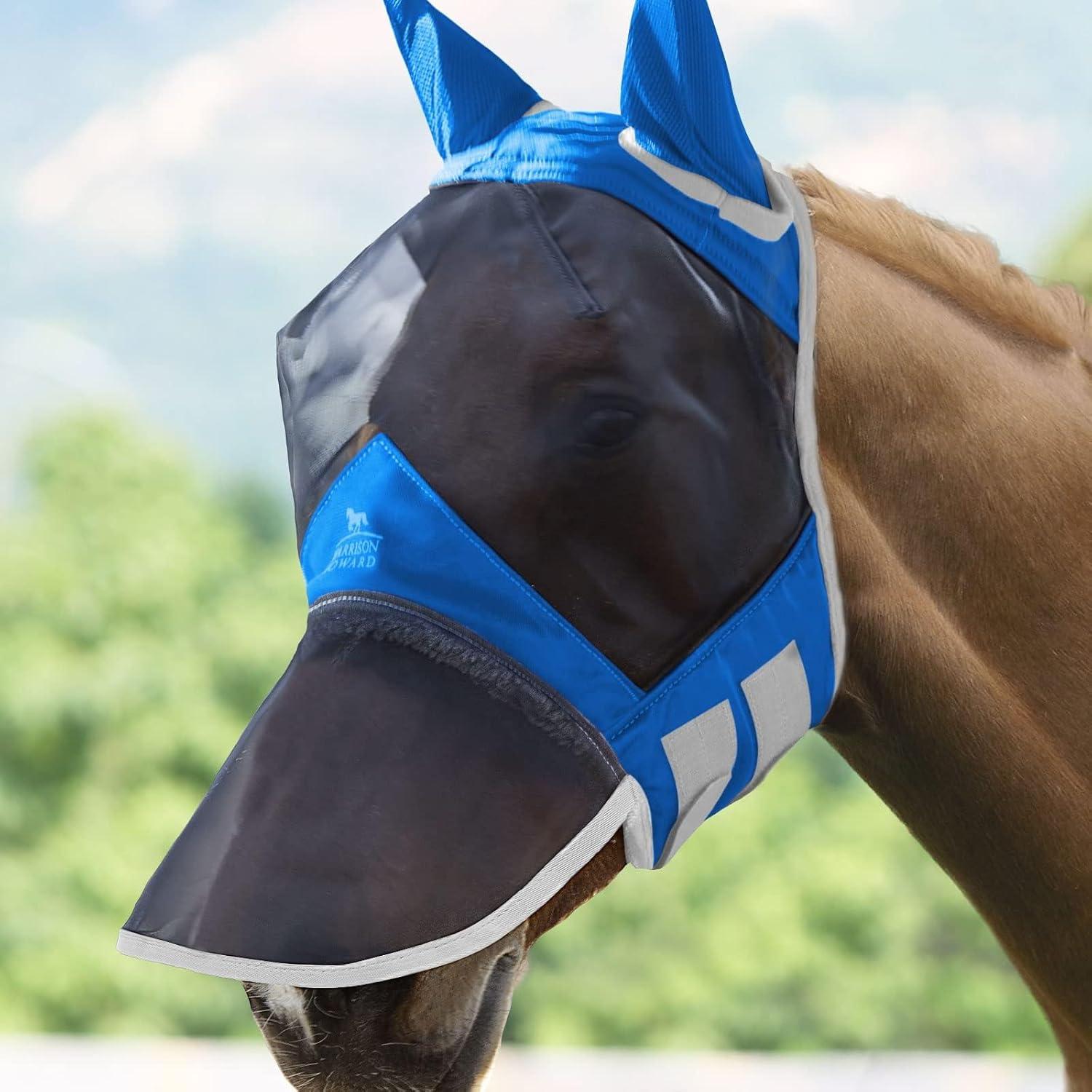 imageHarrison Howard Pro Luminous Horse Fly Mask Long Nose with Ears UV Protection for Horse Azure BlueSilver LSignature Blue