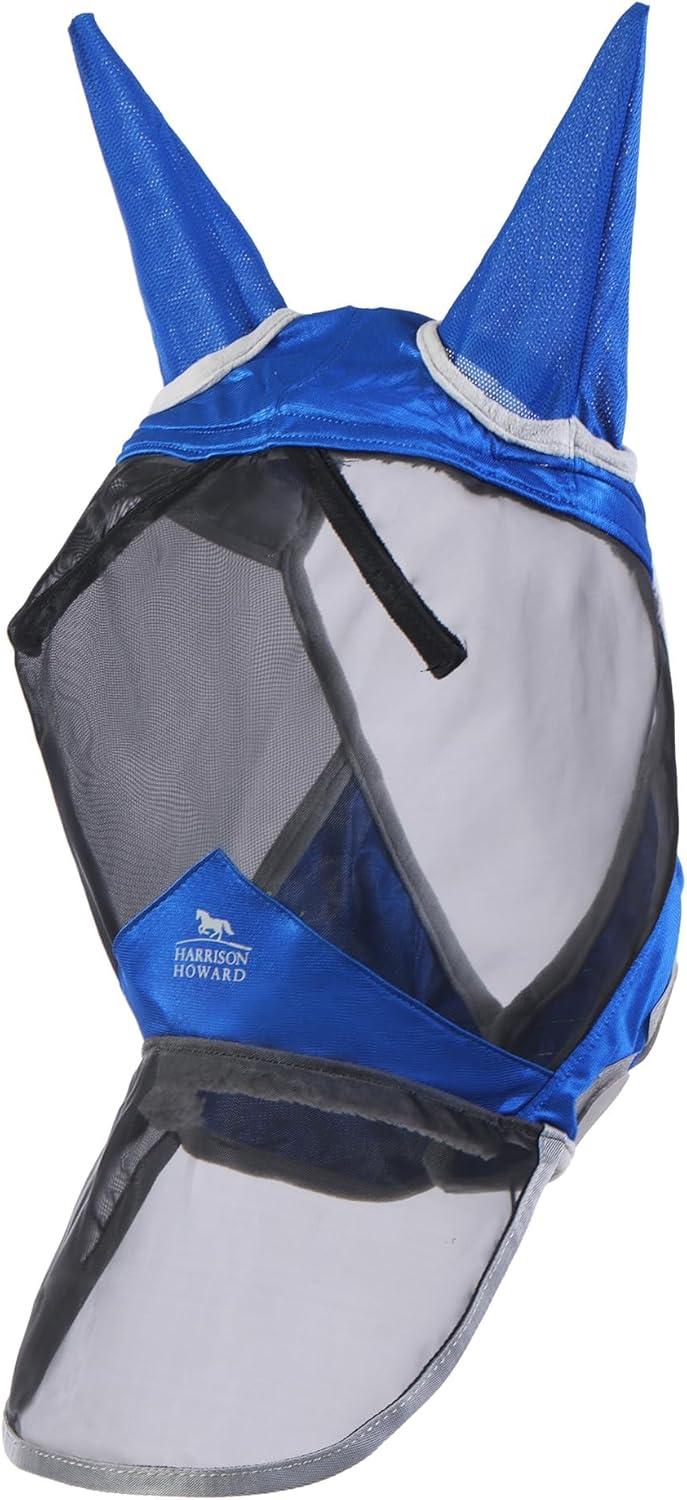 imageHarrison Howard Pro Luminous Horse Fly Mask Long Nose with Ears UV Protection for Horse Azure BlueSilver LSignature Blue