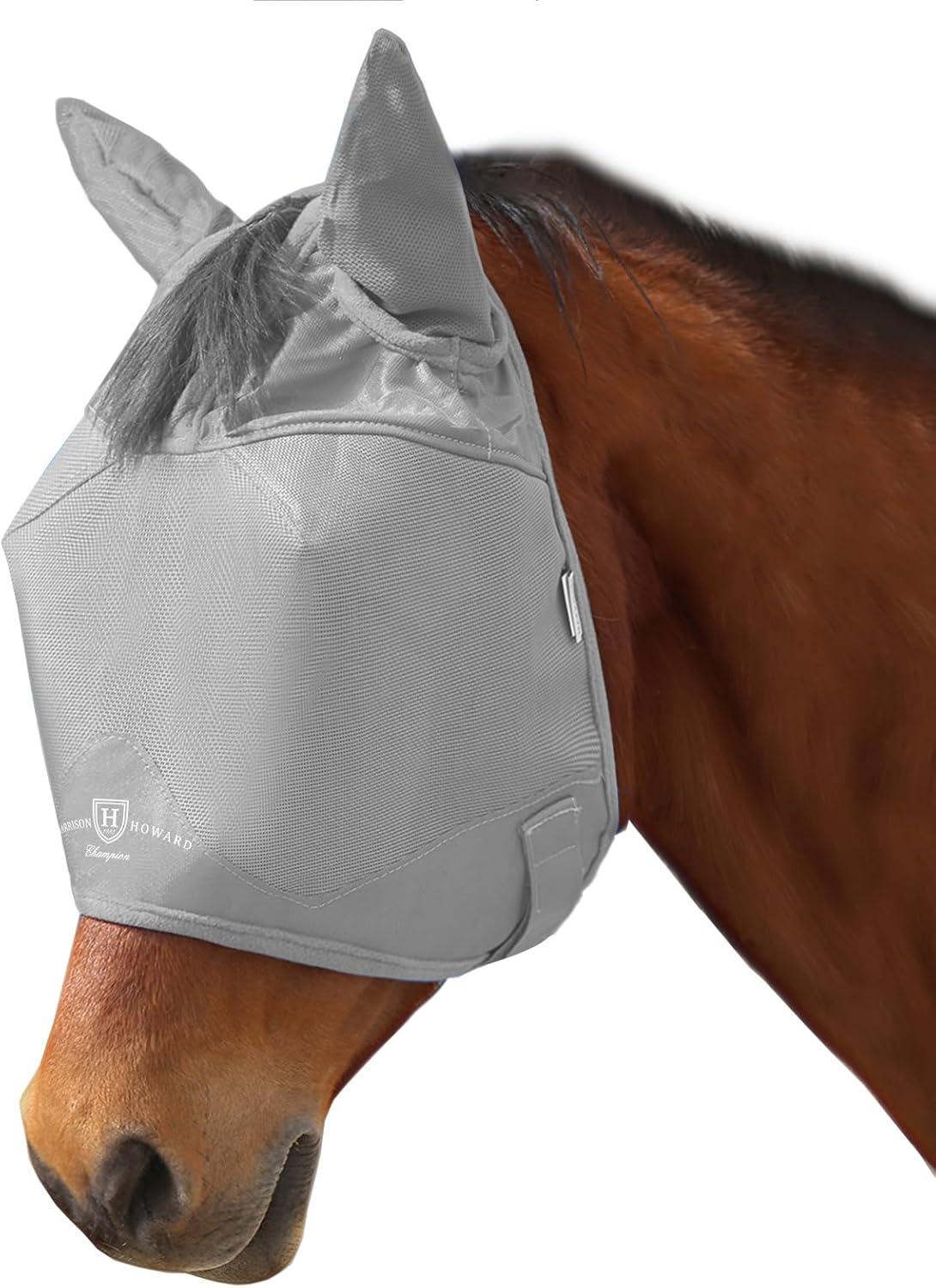 imageHarrison Howard UVproof MultiFunction Fabrics Thick Fleece Padding Horse Fly Mask Half Face with Ears Mint Horse LargeOriginal Grey