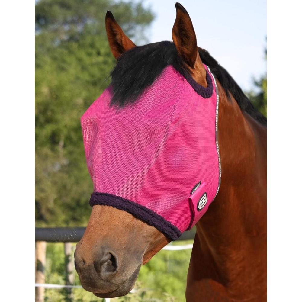 imageHarrison Howard All Round Mesh Horse Fly Mask UV Protective with Fleece Padded Edging Vibrant Orange LMagenta