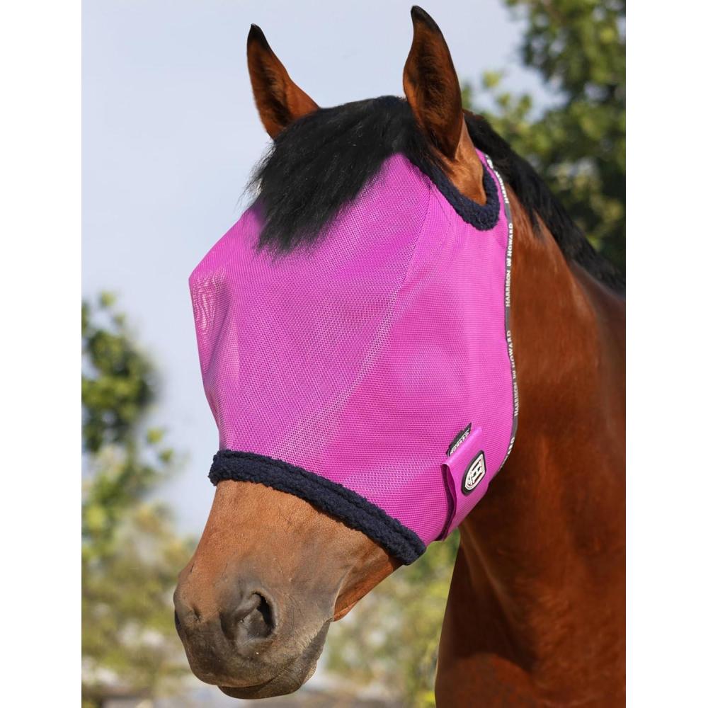 imageHarrison Howard All Round Mesh Horse Fly Mask UV Protective with Fleece Padded Edging Vibrant Orange LPurple