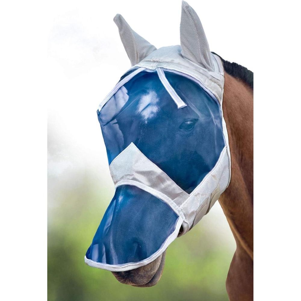 imageHarrison Howard CareMaster Horse Fly Mask Long Nose with Ears Full Face BlackSilver Retro Large Full SizeSilverBlue