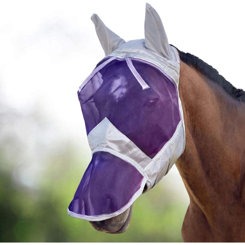 imageHarrison Howard CareMaster Horse Fly Mask Long Nose with Ears Full Face BlackSilver Retro Large Full SizeSilverPurple