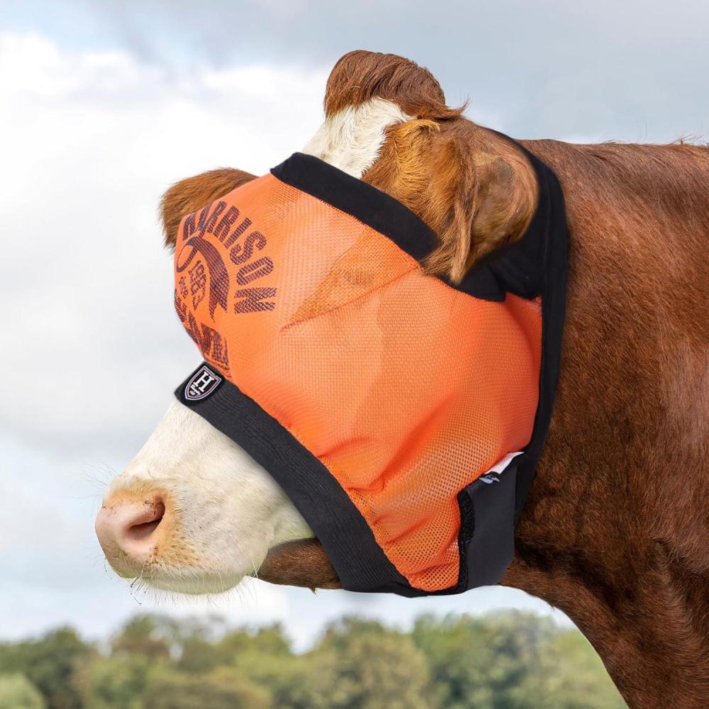 imageHarrison Howard Cattle Livestock Fly Mask Breathable Mesh Padded Edging with Fun Patterns Large Spacing Forelock Opening Design Adjustable Fit for Cattle BlackPrint Orange