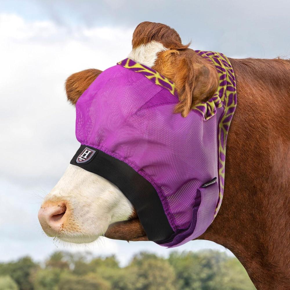 imageHarrison Howard Cattle Livestock Fly Mask Breathable Mesh Padded Edging with Fun Patterns Large Spacing Forelock Opening Design Adjustable Fit for Cattle BlackPurple