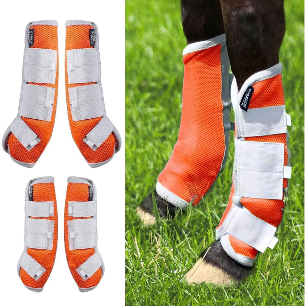 imageHarrison Howard Horse Fly Boots Leg Guards Fly Boots Protection Set of 4 Aqua Medium CobOrange
