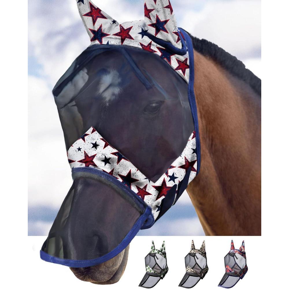 imageHarrison Howard LumiVista Horse Fly Mask Long Nose with Ears UV Protection for Horse Dream Star L Full SizeDream Star