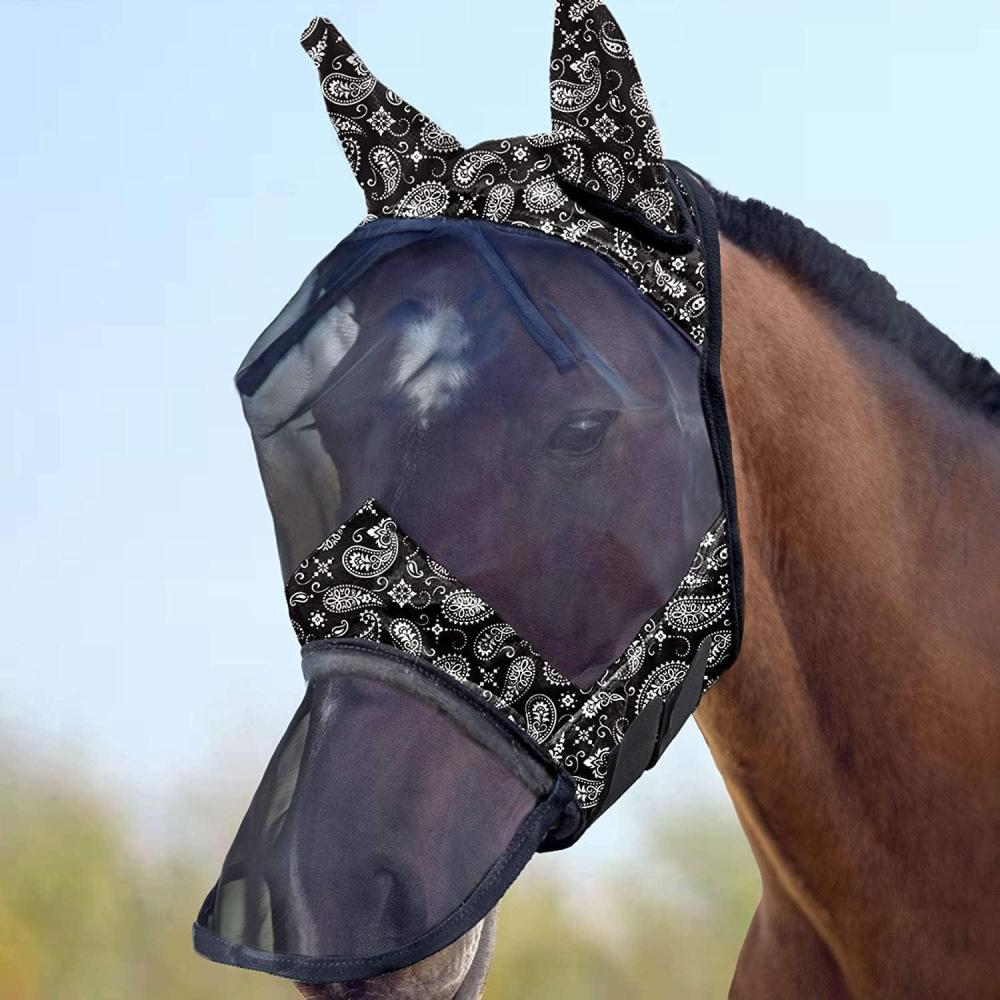 imageHarrison Howard LumiVista Horse Fly Mask Long Nose with Ears UV Protection for Horse Dream Star L Full SizePaisley Wave
