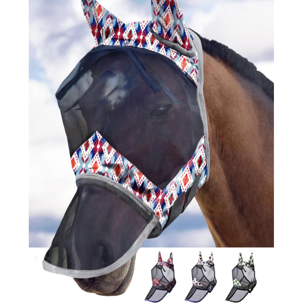 imageHarrison Howard LumiVista Horse Fly Mask Long Nose with Ears UV Protection for Horse Dream Star L Full SizeTribal Rhombus