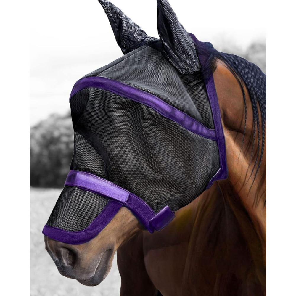 imageHarrison Howard Maskology Supreme Horse Fly Mask Stellar UV Protection with Detachable Nose Cover WellReceived 2in1 Mask Fuchsia Black L Full SizePurple