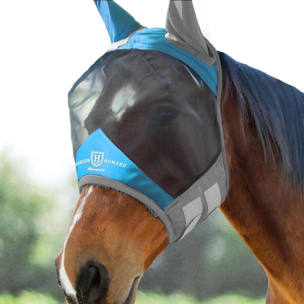 imageHarrison Howard Pro Luminous Horse Fly Mask Large Eye Space Standard with Ears UV Protection for Horse Light Champagne Small PonyAzure BlueSilver