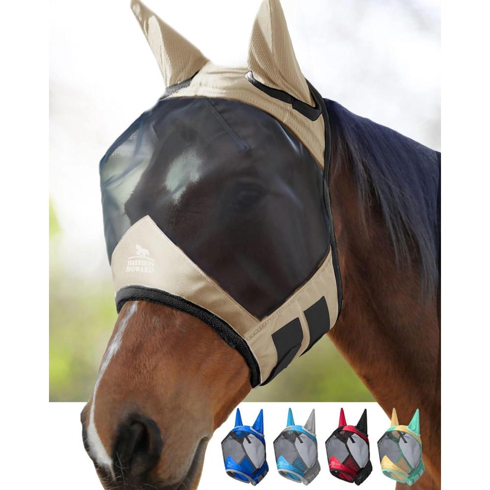 imageHarrison Howard Pro Luminous Horse Fly Mask Large Eye Space Standard with Ears UV Protection for Horse Light Champagne Small PonyLight Champagne